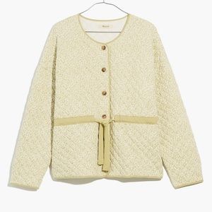 Quilted Jacquard Snap-Front Collarless Jacket in Daisy Blooms